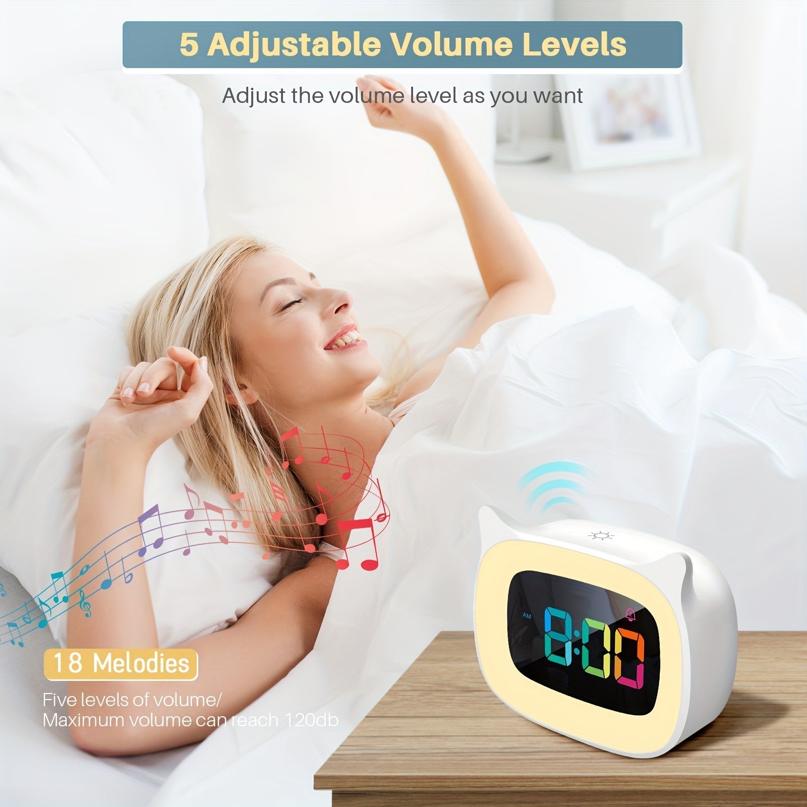 Söt Kattöra Väckarklocka – RGB Nattlampa med 18 Melodier och USB Laddningsbar