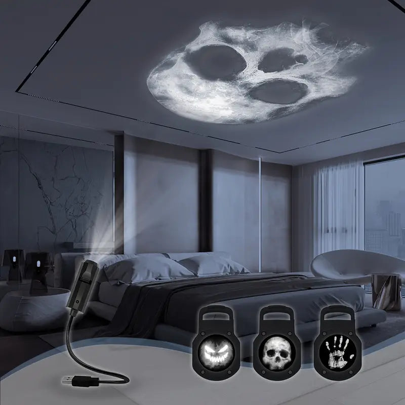 Halloween Skull LED Nattbordslampa – Rotating Skull Lamp med Projektion & USB
