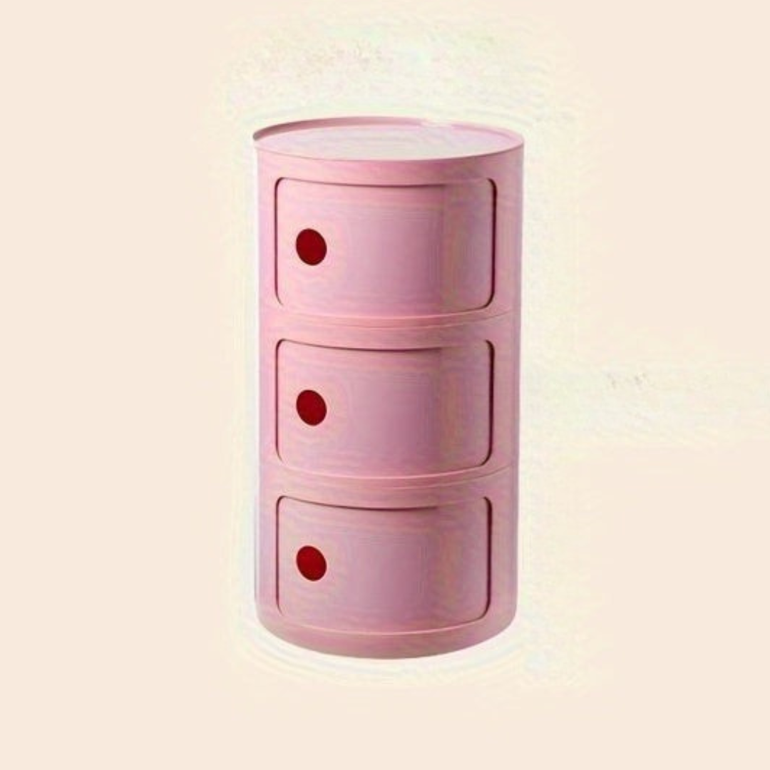 Sängbord med runda plastförvaringslådor