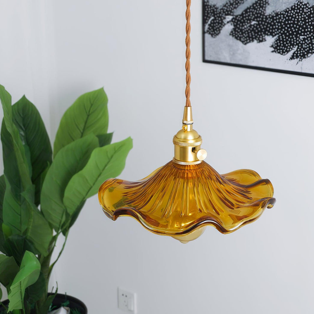Art Nouveau Fluted Glass Pendant | Flower-Inspired Shade | H4.72in x D9.06-23.62in | Brass & Glass Craftsmanship | Brick by Brick
