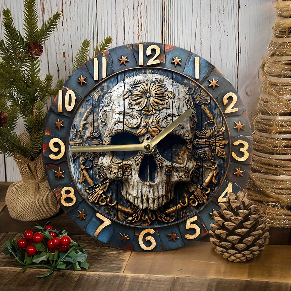 SkullTime - Stilla Aluminium Vägghängd Klocka med Dekorativt Skelettdesign (20 cm)