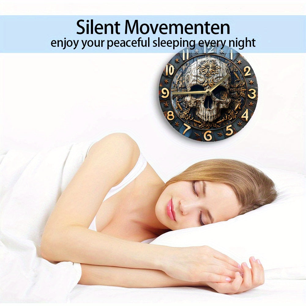 SkullTime - Stilla Aluminium Vägghängd Klocka med Dekorativt Skelettdesign (20 cm)