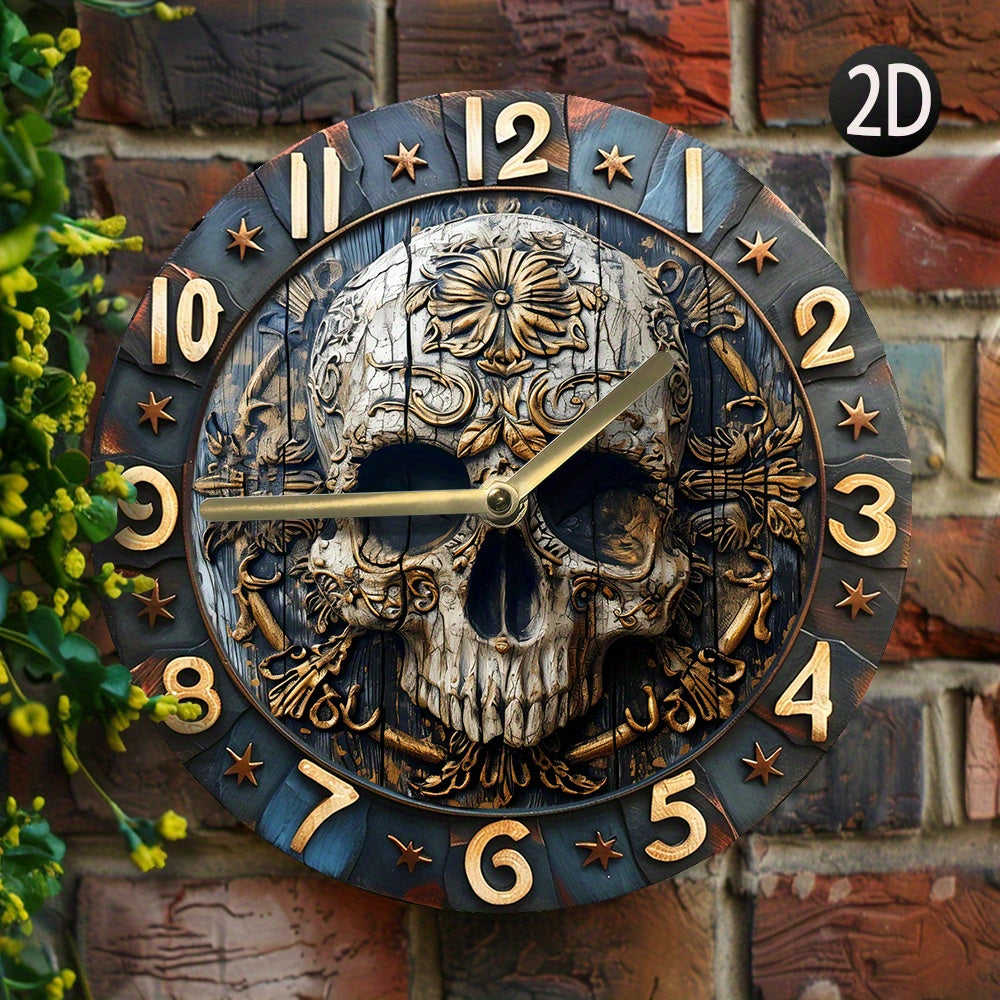 SkullTime - Stilla Aluminium Vägghängd Klocka med Dekorativt Skelettdesign (20 cm)