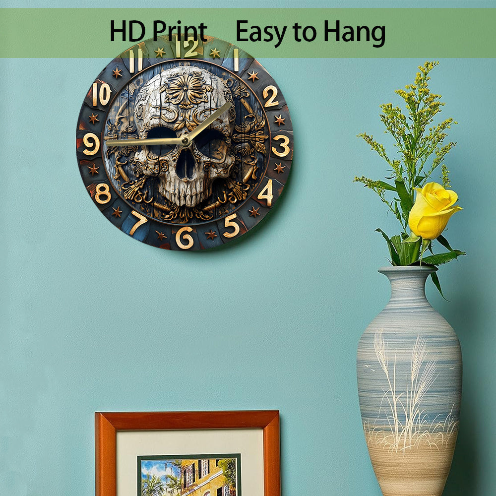 SkullTime - Stilla Aluminium Vägghängd Klocka med Dekorativt Skelettdesign (20 cm)