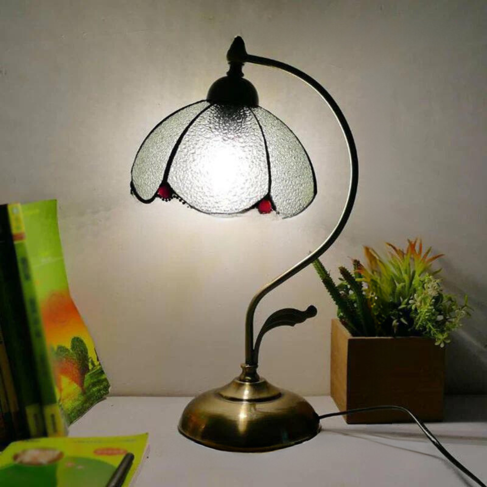 Tiffany Gooseneck Bordslampa - Metall Nattduksbordslampa med Handbearbetad Glaskupa