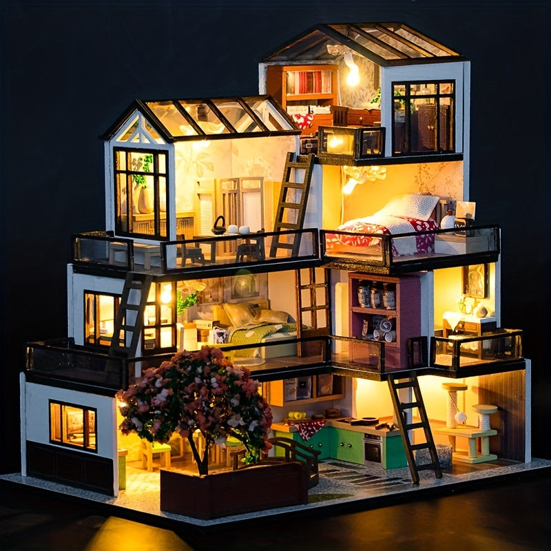 Miniatyr Villa 3D Pussel Kit – Handgjord Modell med LED-belysning och Detaljerad Interiör