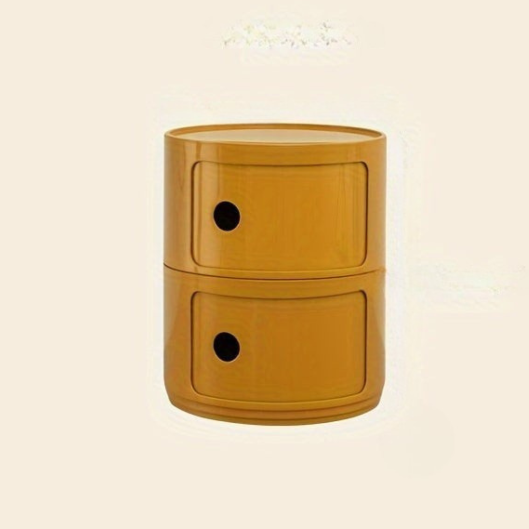 Sängbord med runda plastförvaringslådor