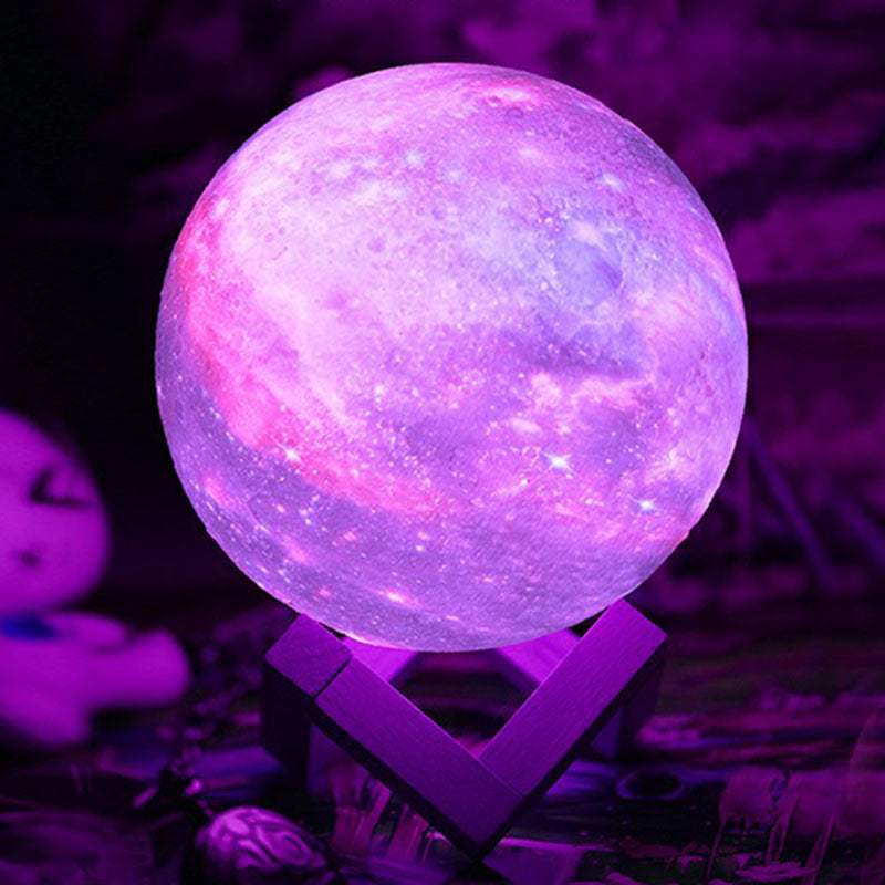 Lila Galaxy Sfärisk Nattlampa - LED Bordslampa med Träbas för Barn