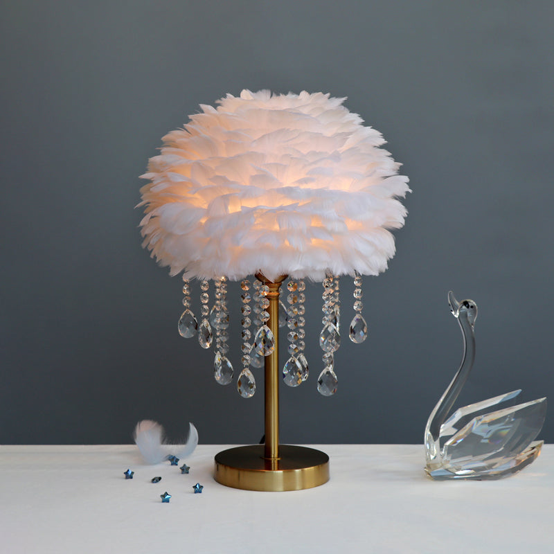 Romantisk Kupa Lamp - Modern Fjäder 1-Ljus Sänglampa med Kristall Dekor