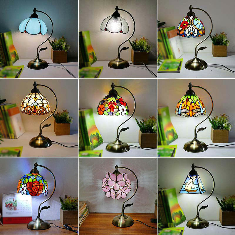 Tiffany Gooseneck Bordslampa - Metall Nattduksbordslampa med Handbearbetad Glaskupa