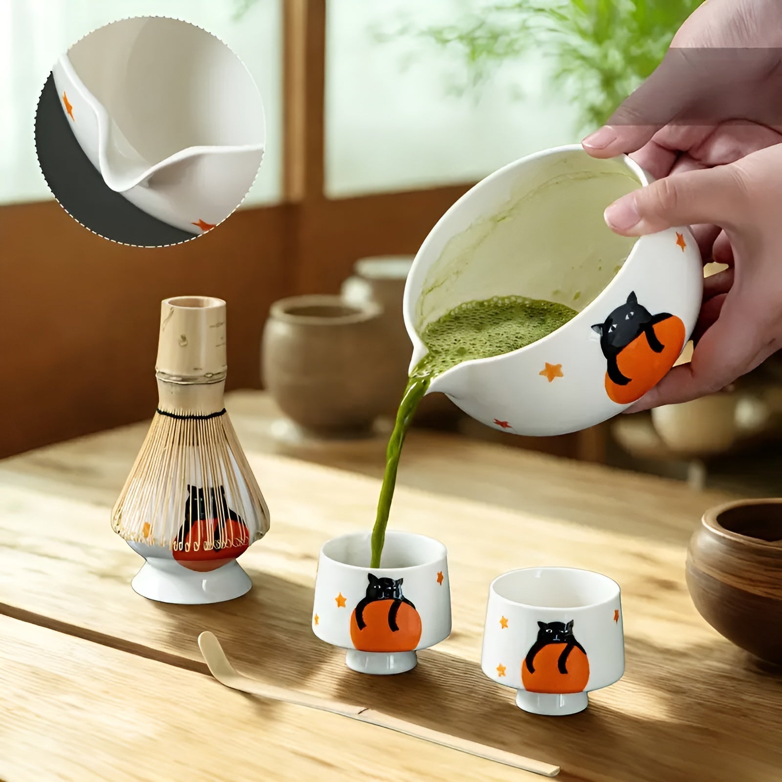 Matcha Set med kattdesign – Inklusive skål, bambusvisp & sked | Perfekt present för teälskare