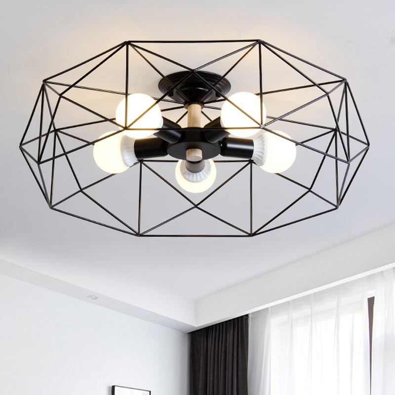GeoLight – Geometrisk Semi-Flush Taklampa med Trådbur i Metall