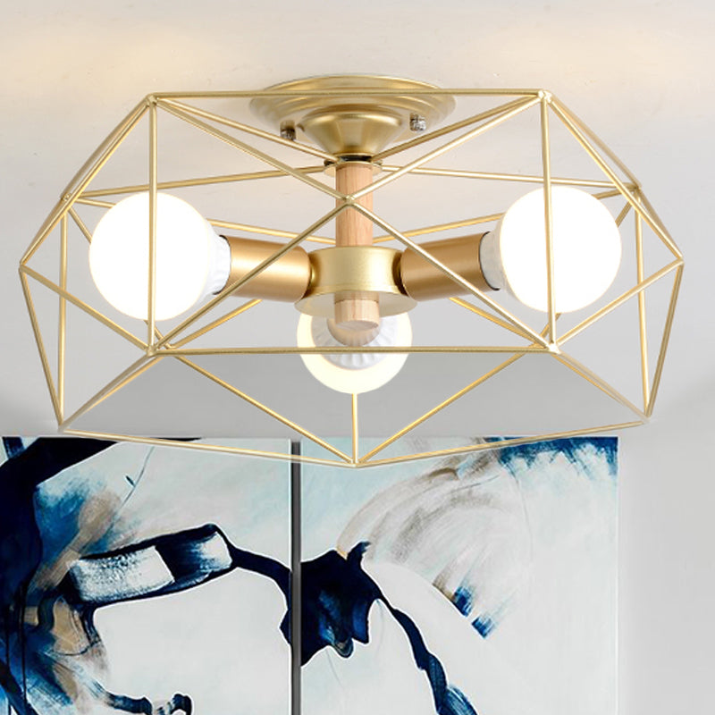 GeoLight – Geometrisk Semi-Flush Taklampa med Trådbur i Metall