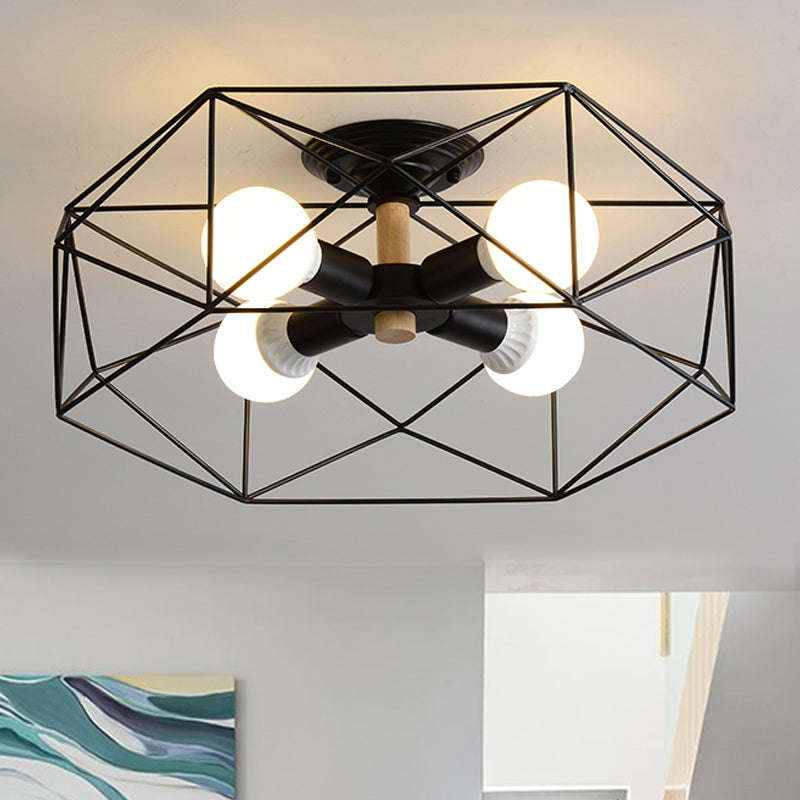 GeoLight – Geometrisk Semi-Flush Taklampa med Trådbur i Metall