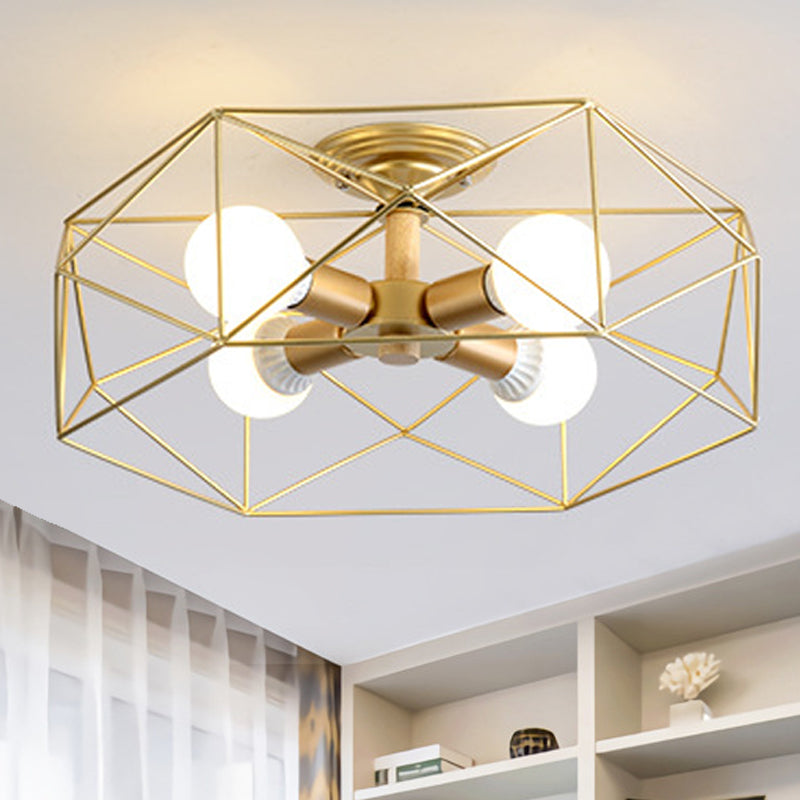 GeoLight – Geometrisk Semi-Flush Taklampa med Trådbur i Metall