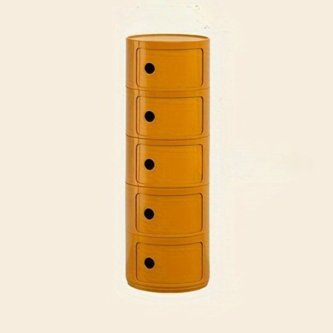 Sängbord med runda plastförvaringslådor