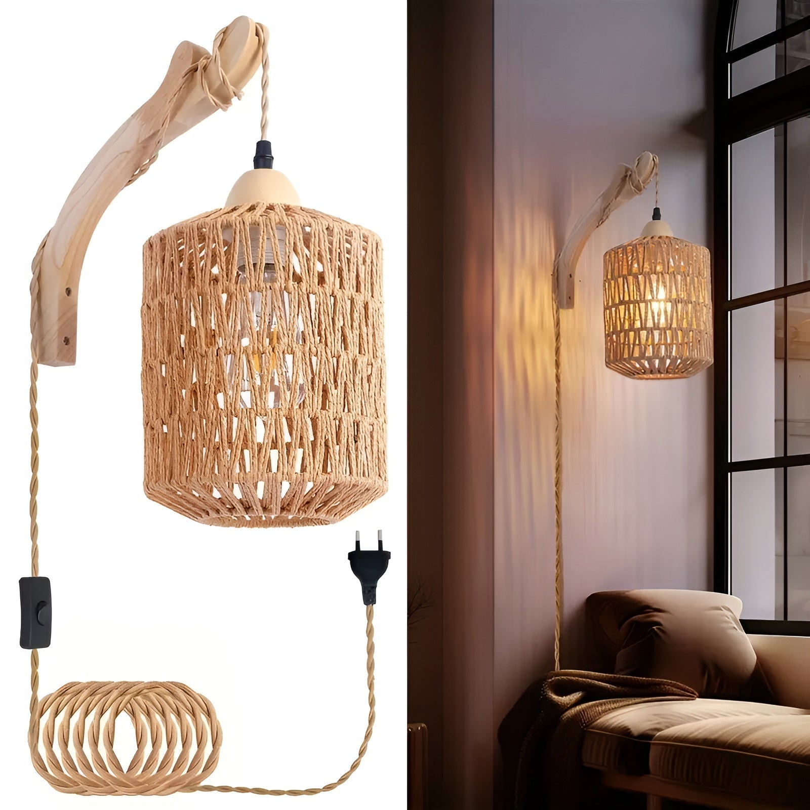 Hängande lampa i boho-stil – Handvävd lampskärm av naturfiber | Ideal för matsal & sovrum