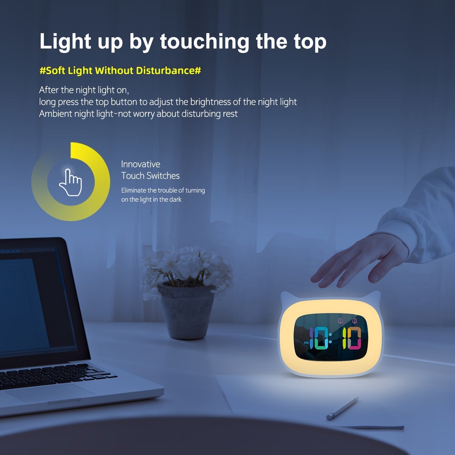 Söt Kattöra Väckarklocka – RGB Nattlampa med 18 Melodier och USB Laddningsbar