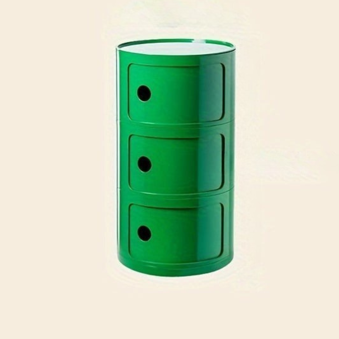 Sängbord med runda plastförvaringslådor