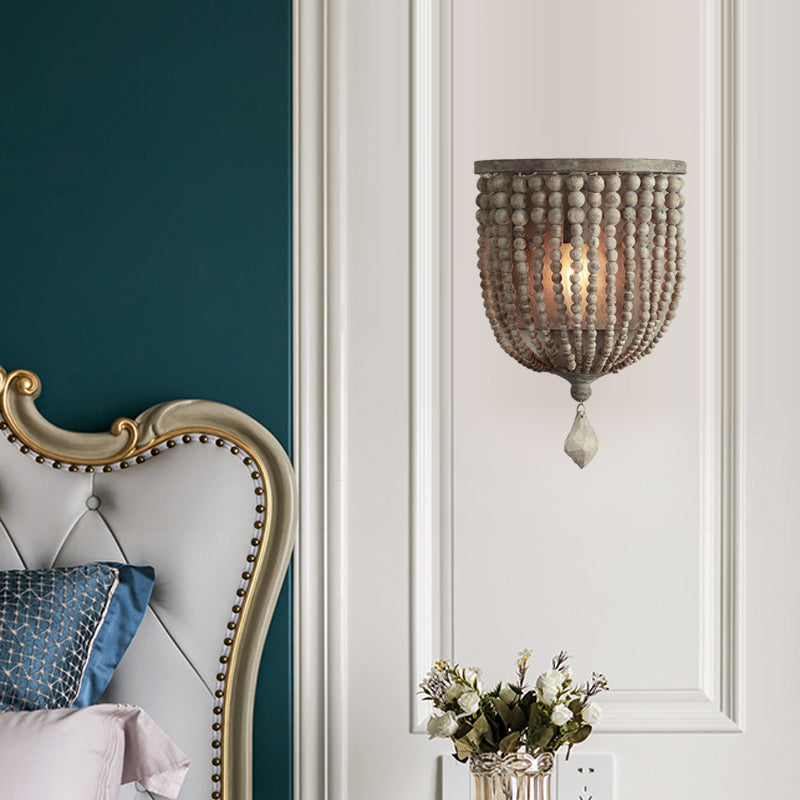 Rustik Bead Lampa - Trä Vägglampa med Gråa Kulor för Vardagsrum