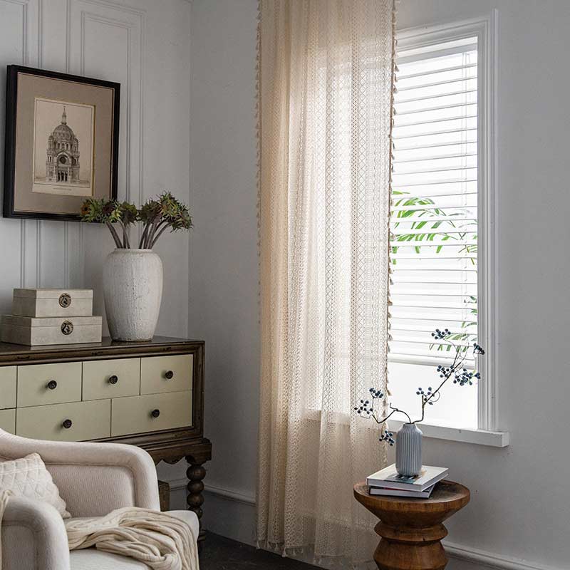 Bomull Beige Gardin Hål Ut Tassel Draperier