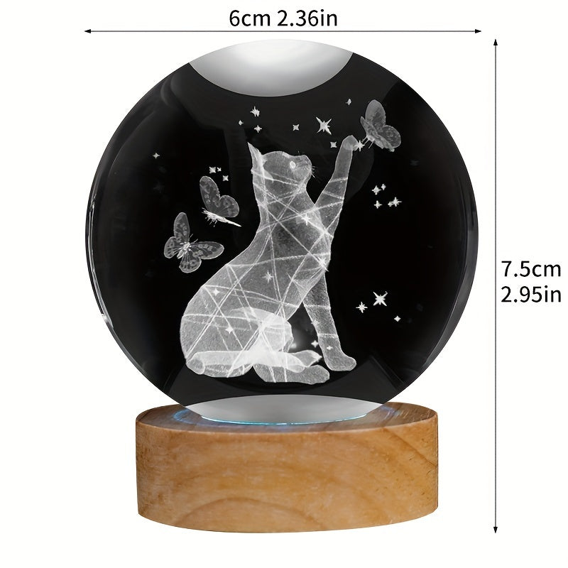 CrystalGlow - 3D Katt & Fjäril Kristallboll Nattlampa med Träfot