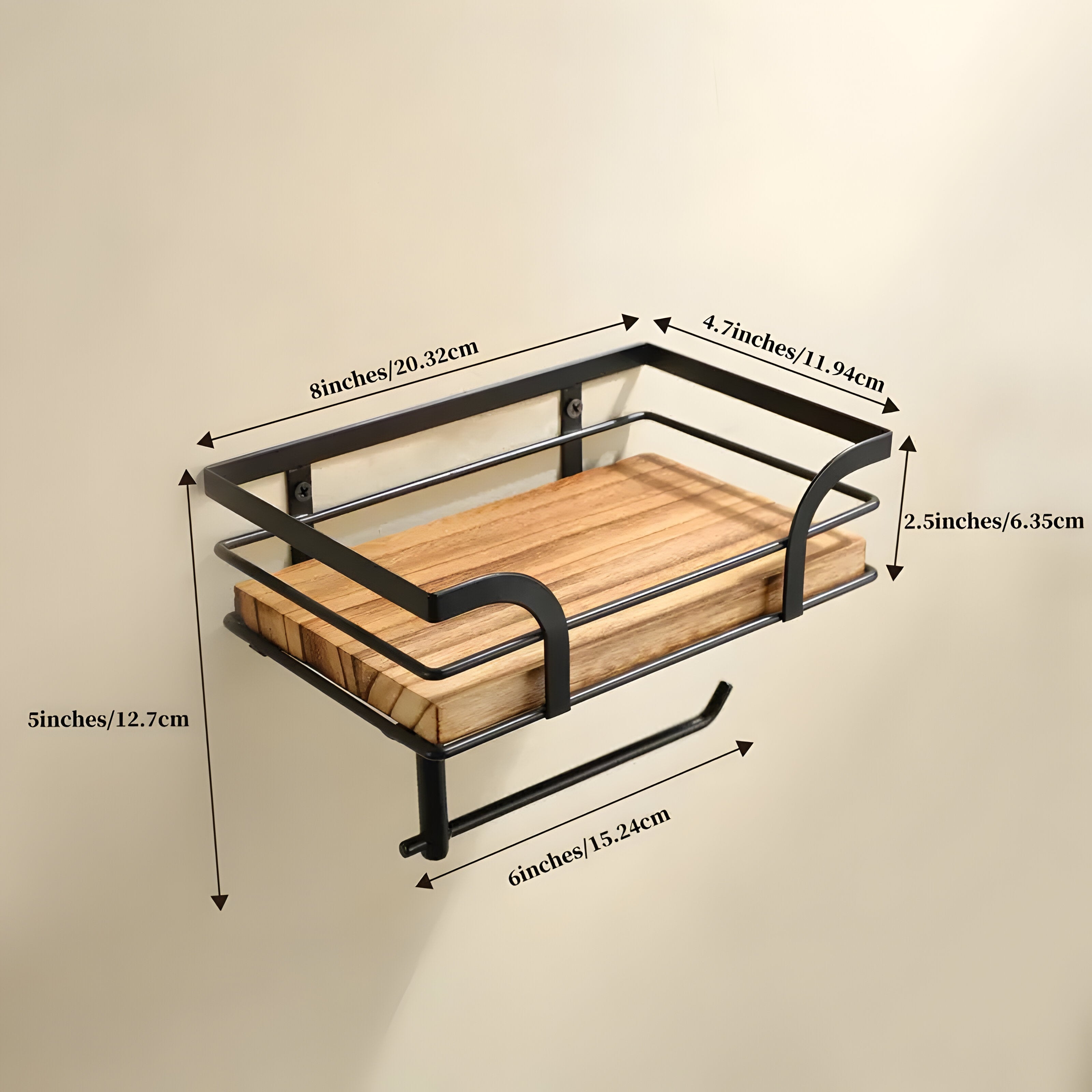 Trähylla med pappershållare – Praktisk organisatör för badrummet