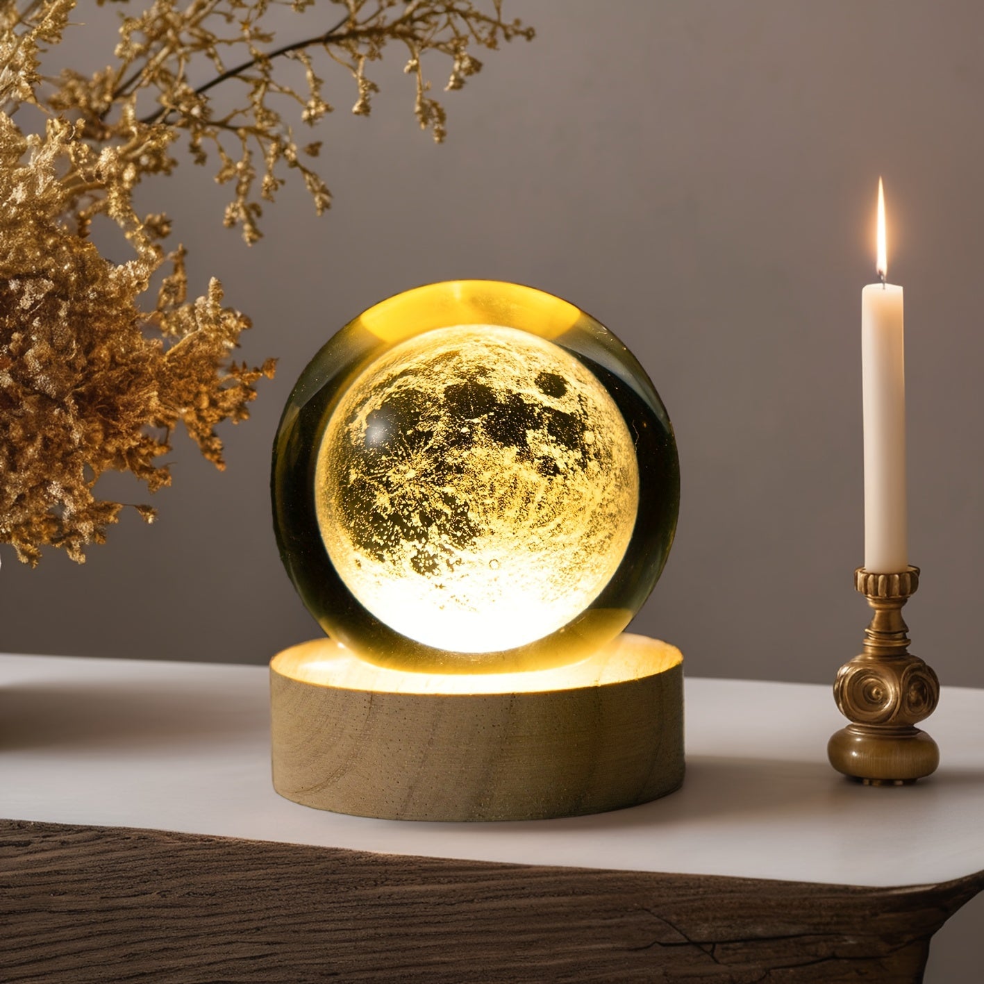 MoonCrystal - Mån Kristall Bollampa med Träbas