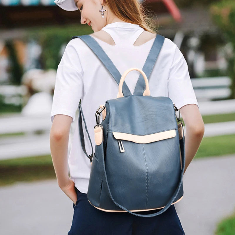 Anti-tjuveni Kvinnor Multifunktionell Läder Ryggsäck