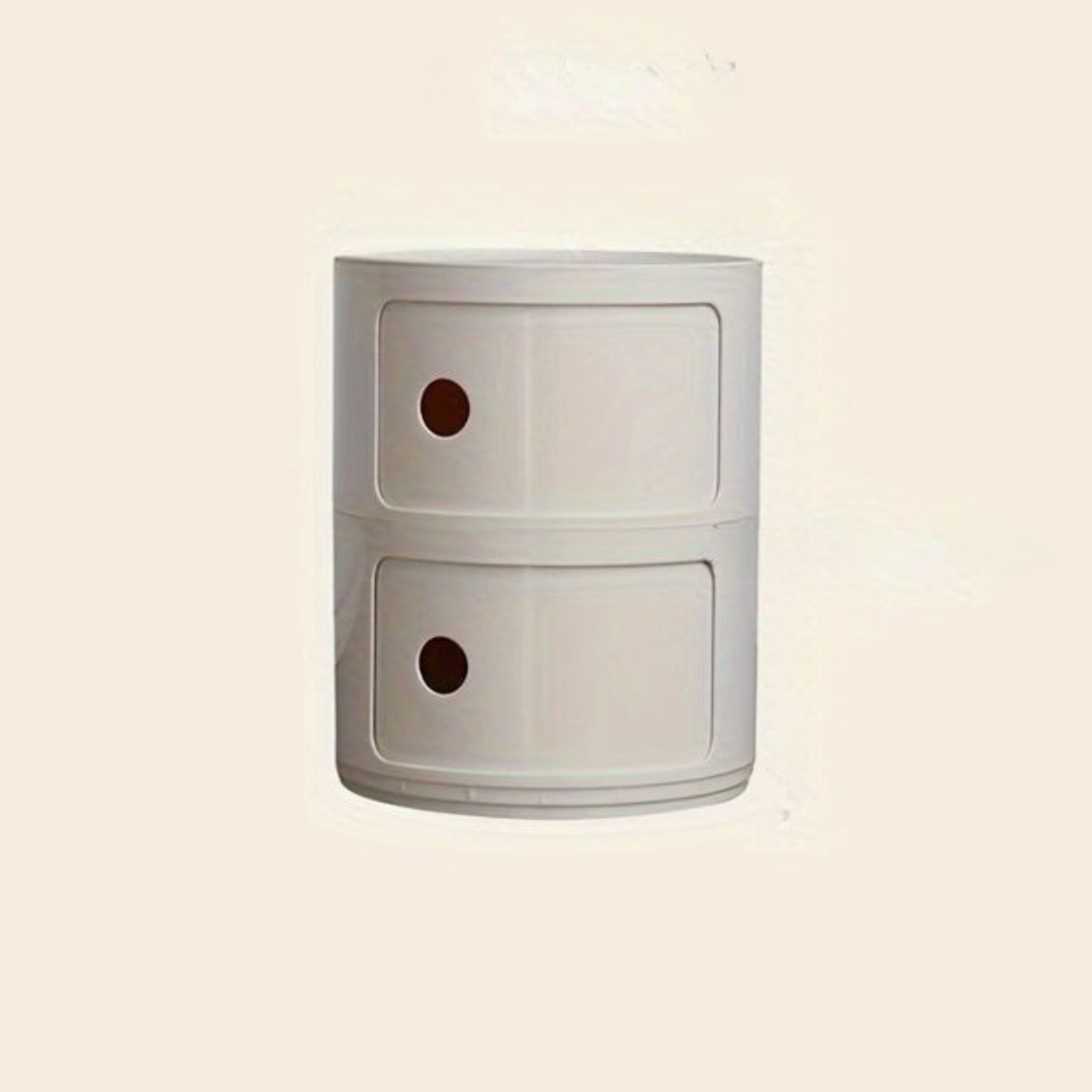 Sängbord med runda plastförvaringslådor