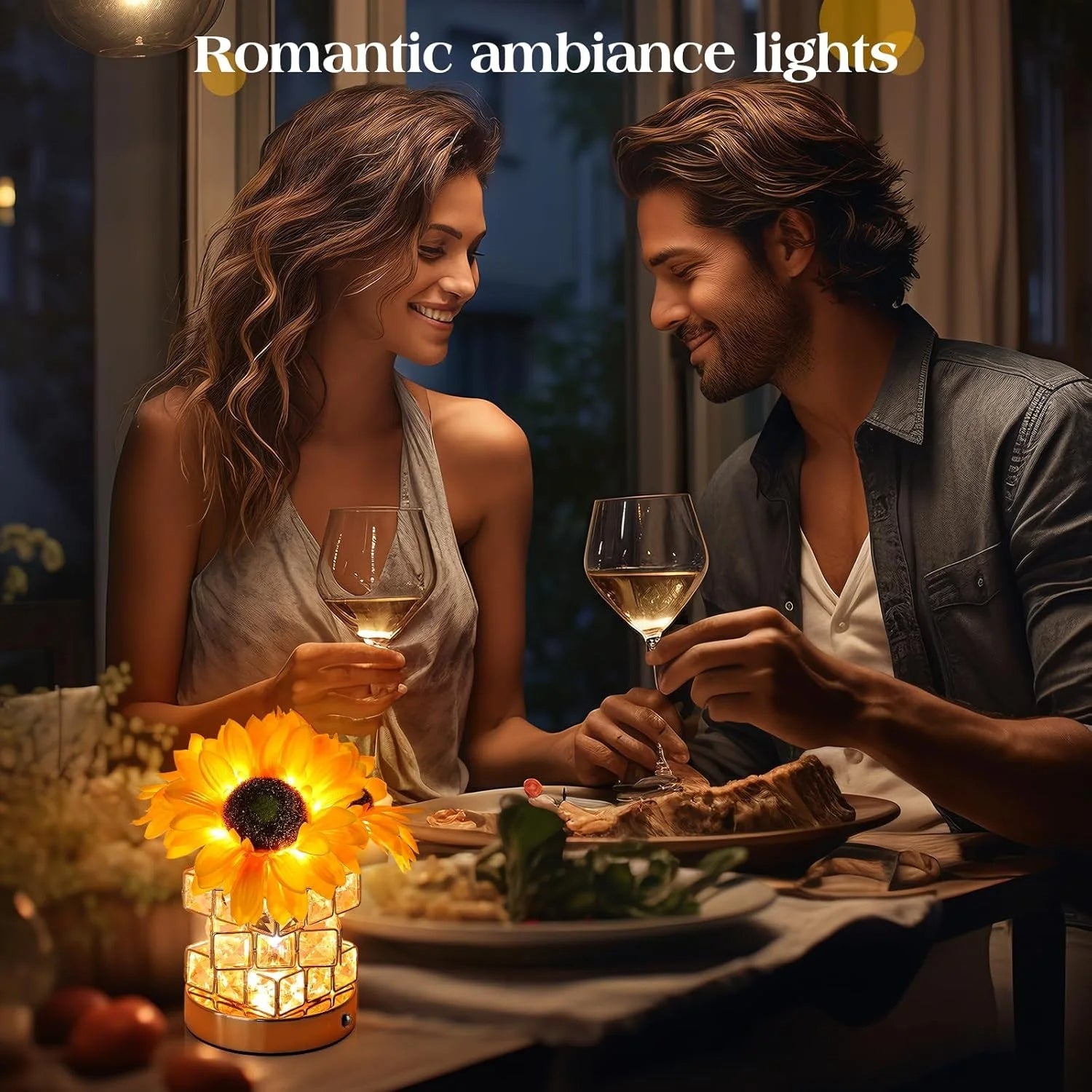 Solros Bordslampa, Glam Akryl Crystal Solros Touch Lampa med 54 LED-lampor, Gul och Klar/Genomskinlig, Sladdlös, Dimbar, Utomhusbruk