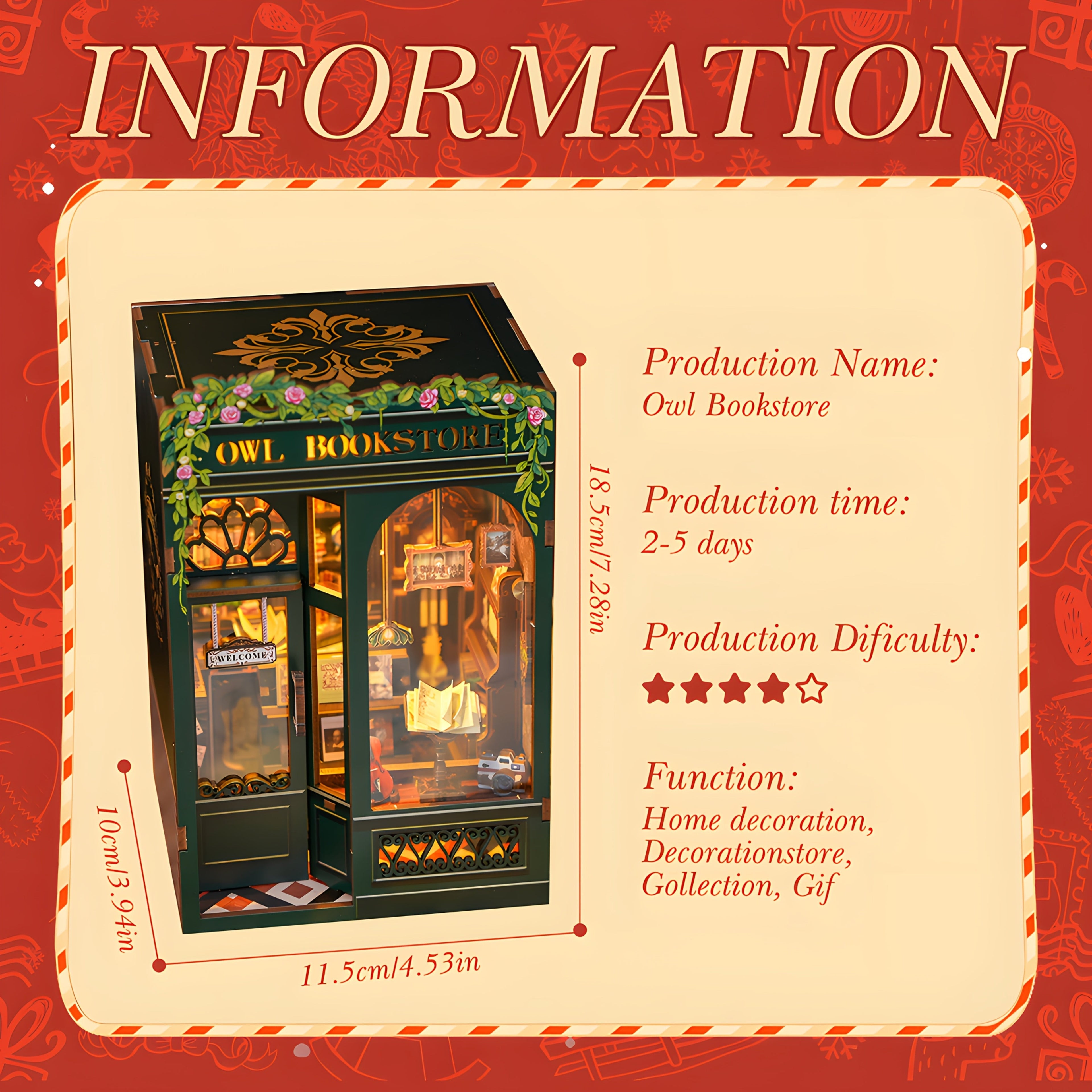 DIY Miniatyr Ugglebokhandel – 3D Träkit med Belysning för Kreativ Dekoration