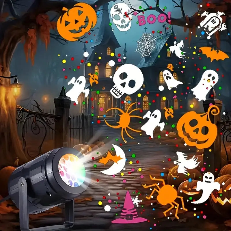 Halloween USB Projektor Lampa – LED Dekoration med Pumpa, Spindel & Fladdermusmotiv
