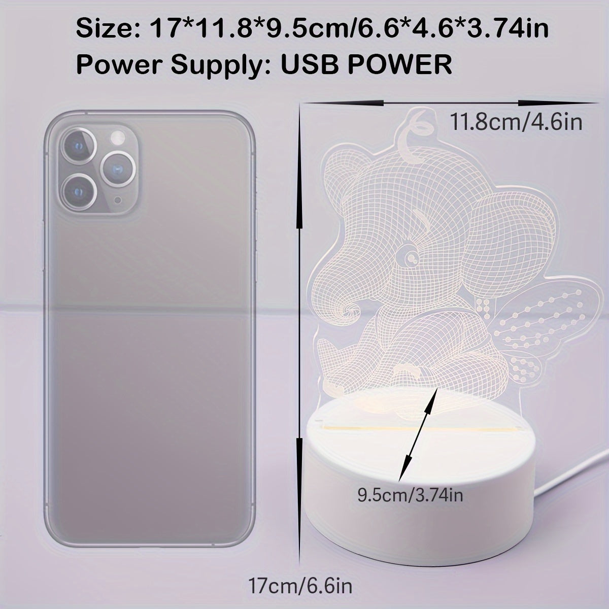 AngelElephant - 3D Illusion LED Nattlampa, USB Driven Bordslampa