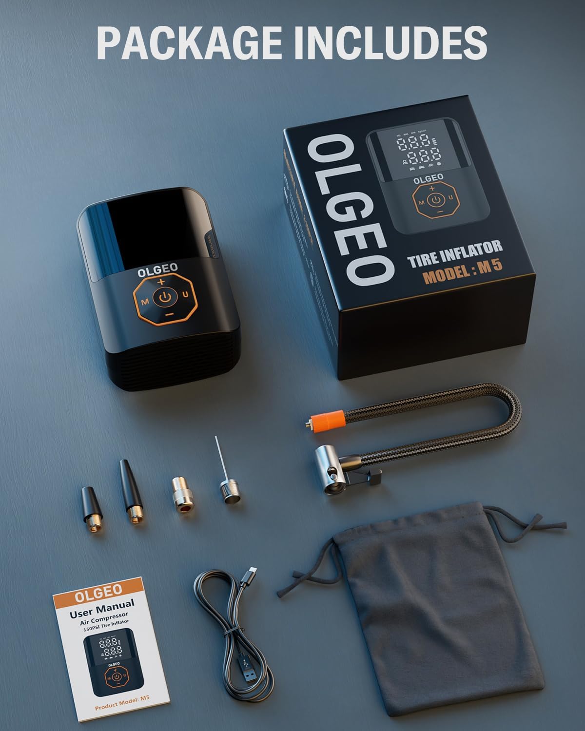 Carvallo Akku-luftkompressor 18000mAh | 160 PSI Kraft | Bärbar däcktryckpump för bil, motorcykel & cykel | Med tillbehör & väska