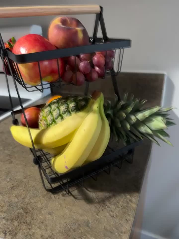 Två- och Tre-Tier Förvaringskorg med Trähandtag - Stilfull Lösning för Kök och Badrum