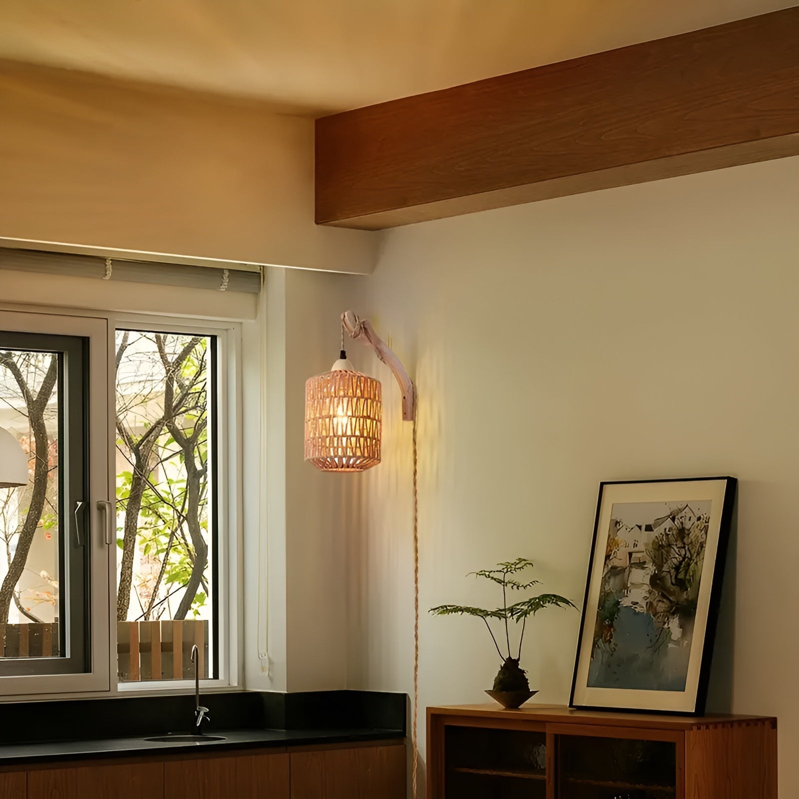 Hängande lampa i boho-stil – Handvävd lampskärm av naturfiber | Ideal för matsal & sovrum