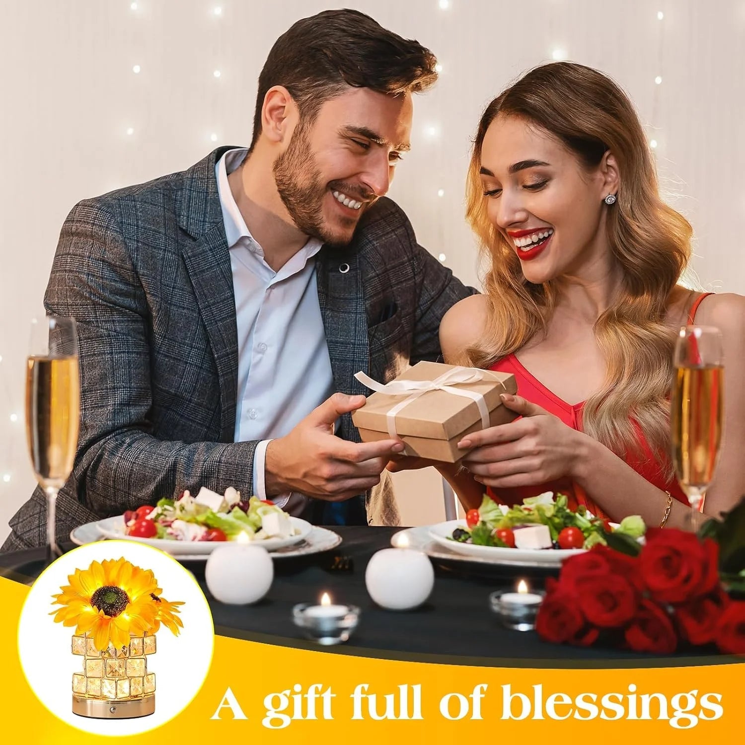 Solros Bordslampa, Glam Akryl Crystal Solros Touch Lampa med 54 LED-lampor, Gul och Klar/Genomskinlig, Sladdlös, Dimbar, Utomhusbruk