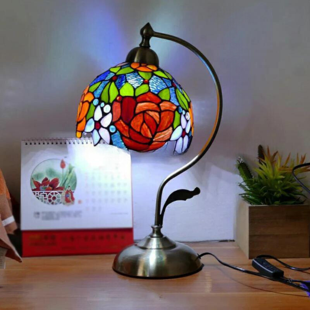 Tiffany Gooseneck Bordslampa - Metall Nattduksbordslampa med Handbearbetad Glaskupa
