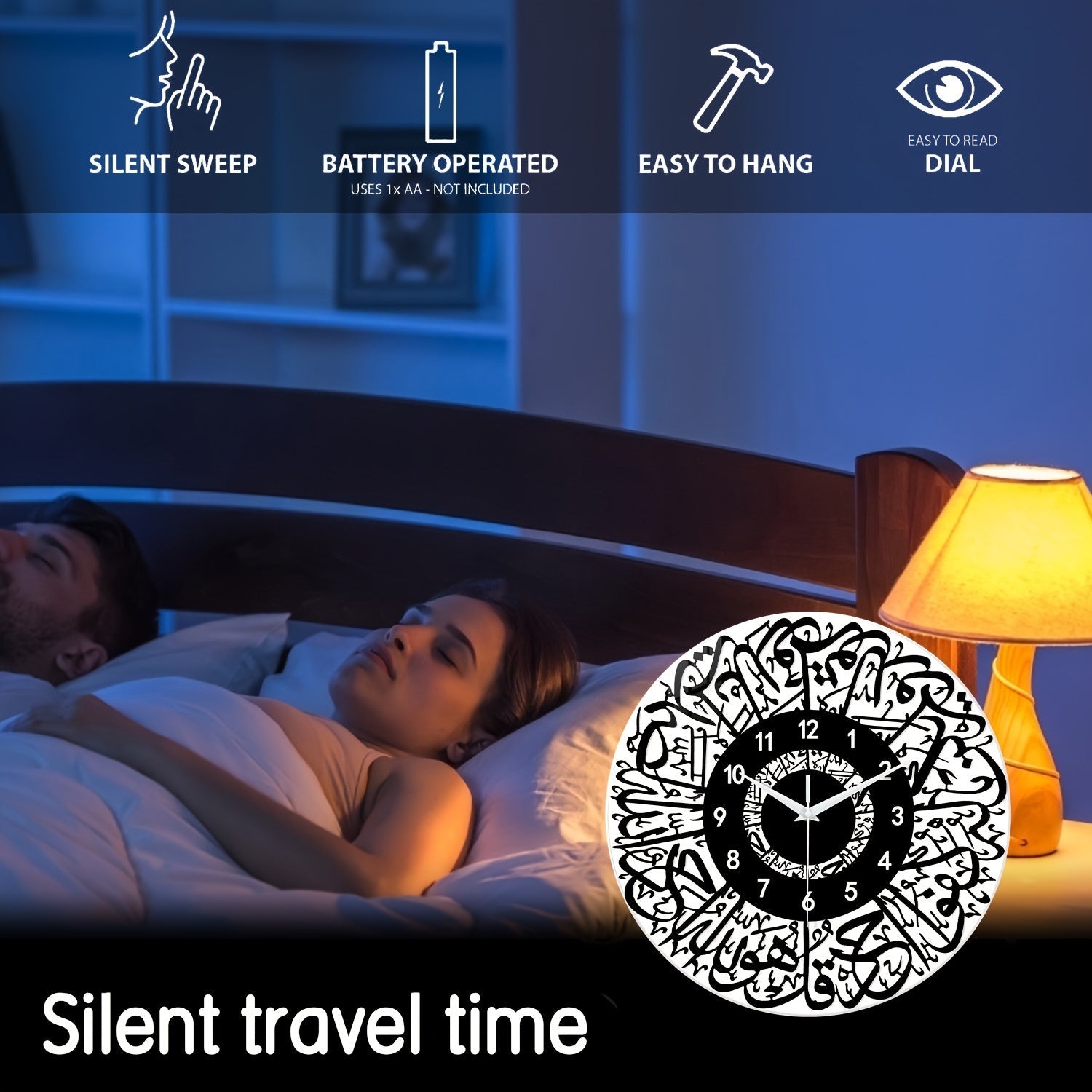 FaithTime - Islamisk Väggklocka av Härdat Glas, Tyst Rund Dekoration