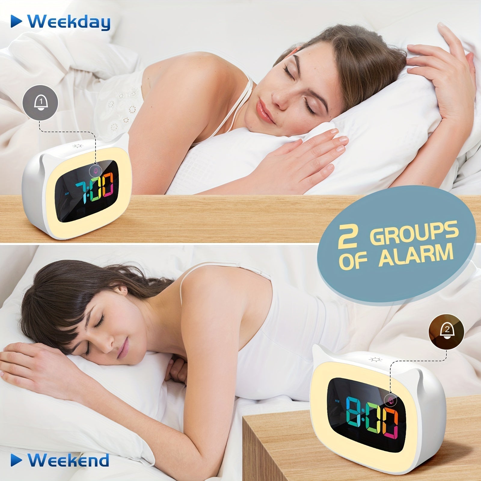 Söt Kattöra Väckarklocka – RGB Nattlampa med 18 Melodier och USB Laddningsbar