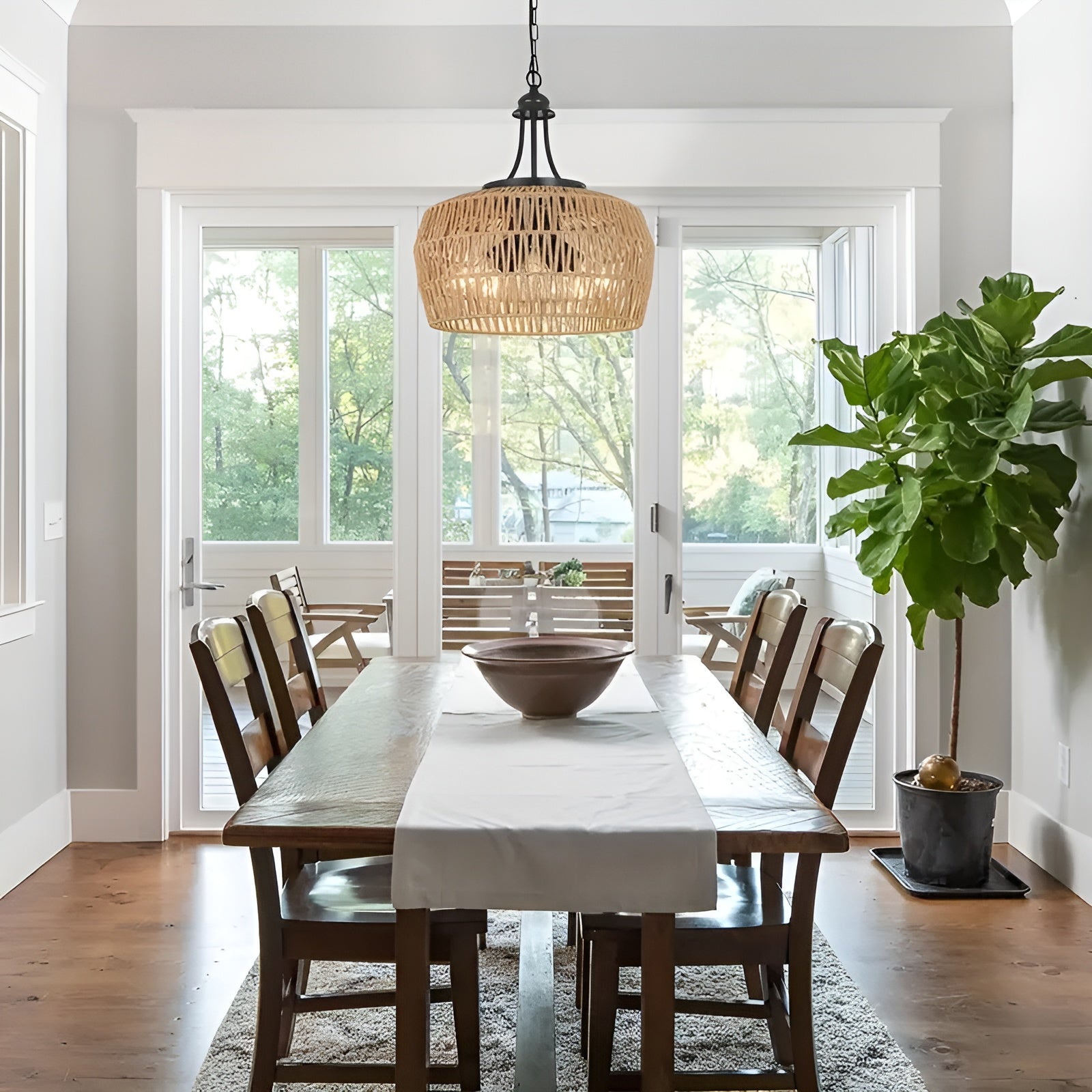 Boho-hänglampa med rottingskärm – Naturlig pendellampa för matrum och kök