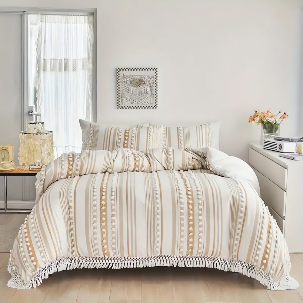 Mjukt Randig och Tofs Duvet Set | 3st