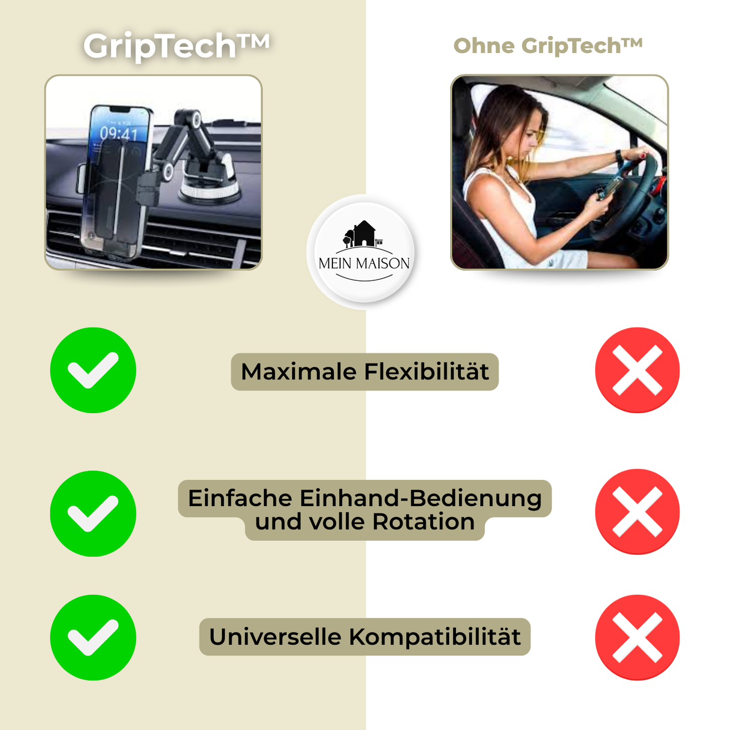 Carvallo Auto GripTech | Stark sugkoppsfäste | 360° rotation | Enhandsgrepp