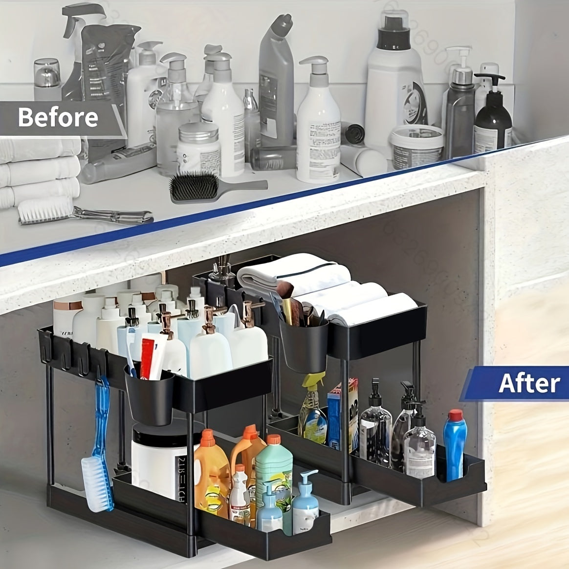 2-Tier Organizer med Krok och Kopp – Smart och Stabil Förvaringssystem för Under-Bänk eller Bänkytan