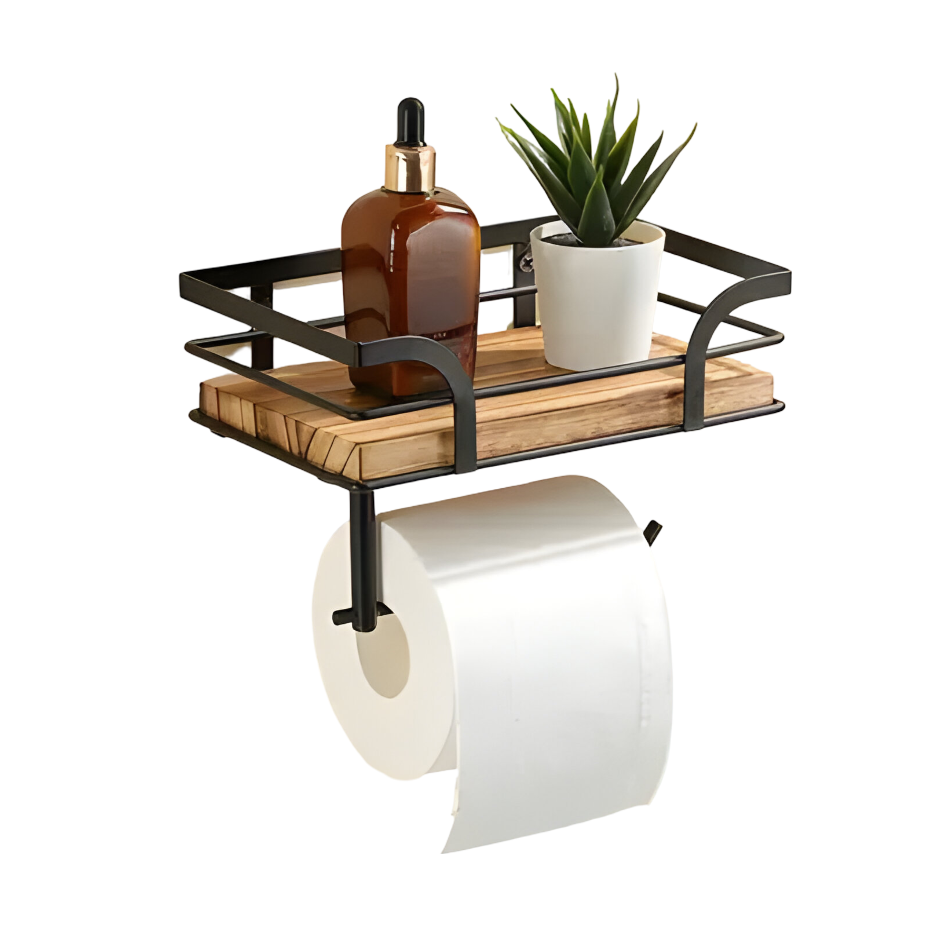 Trähylla med pappershållare – Praktisk organisatör för badrummet