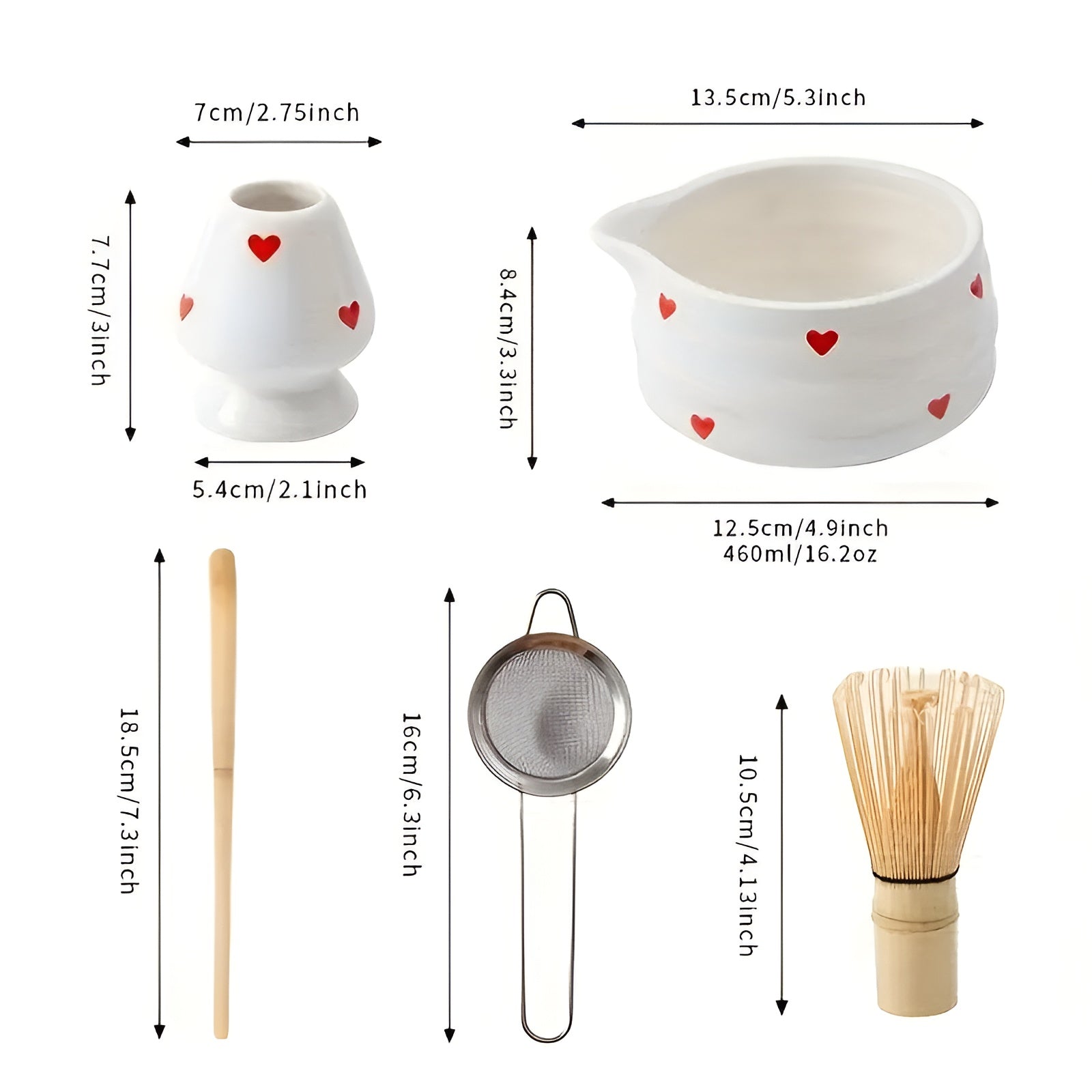Matchaskål med hjärtdesign – 4/5 stycken utgjutare & bambu visp | Ideal för hemmabruk