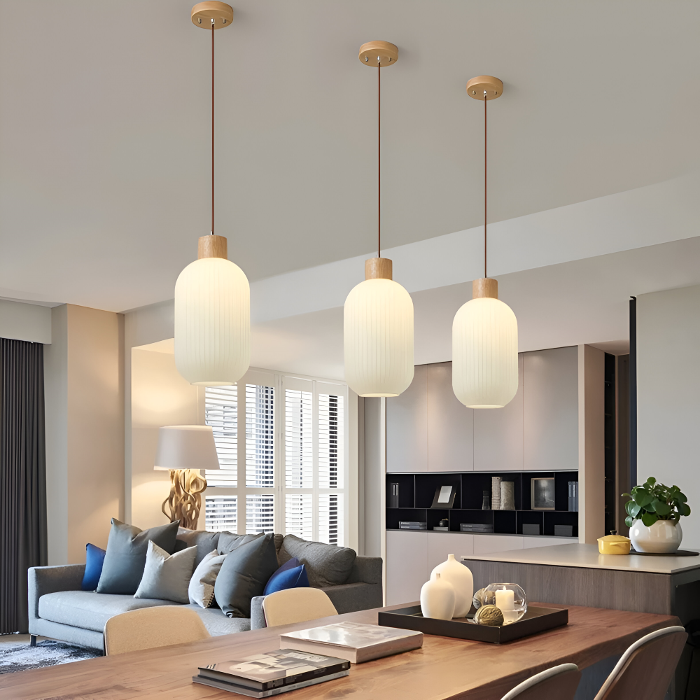 AkariLuxe Taklampa – Elegant hängande lampa av vit, ribbad glas i japansk stil