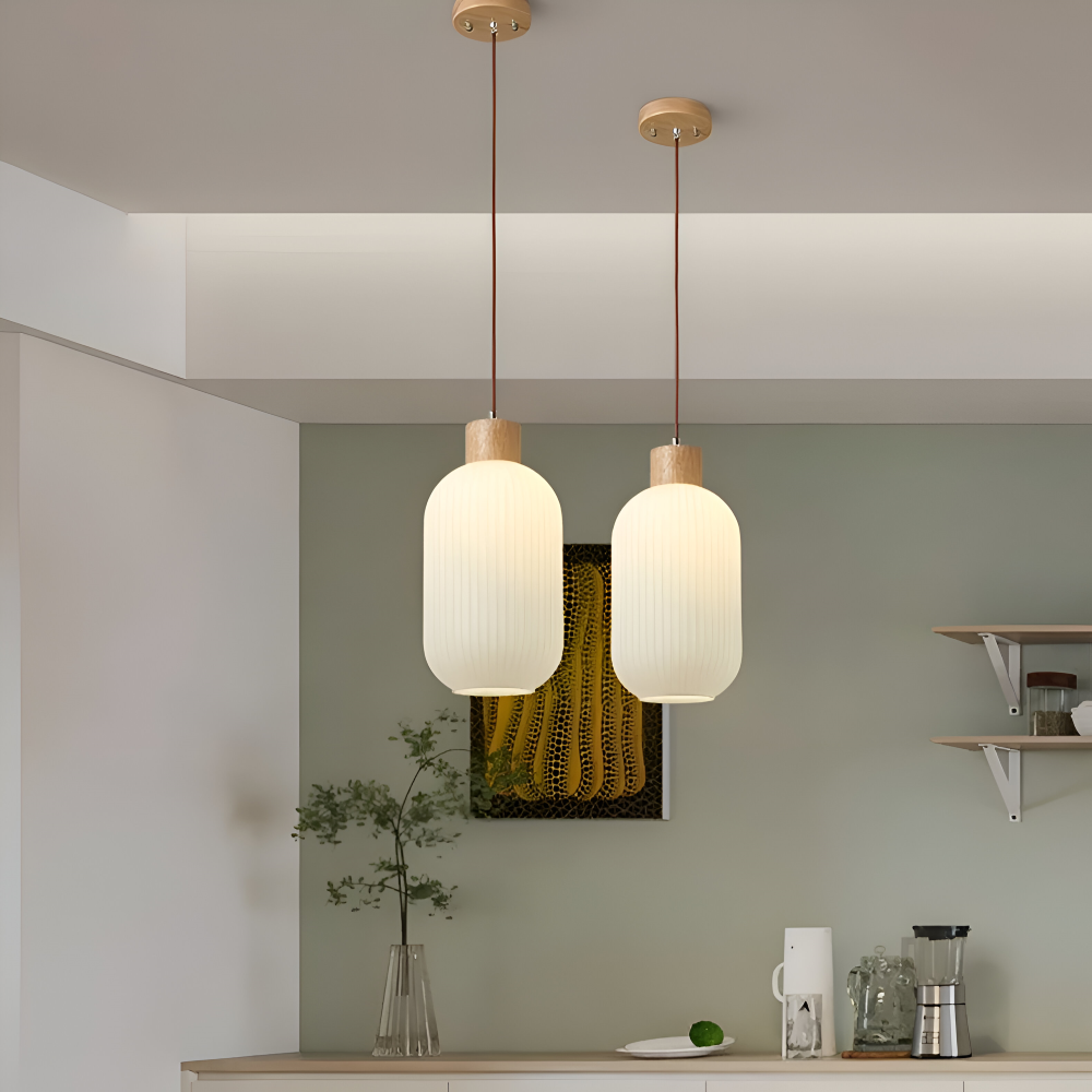 AkariLuxe Taklampa – Elegant hängande lampa av vit, ribbad glas i japansk stil