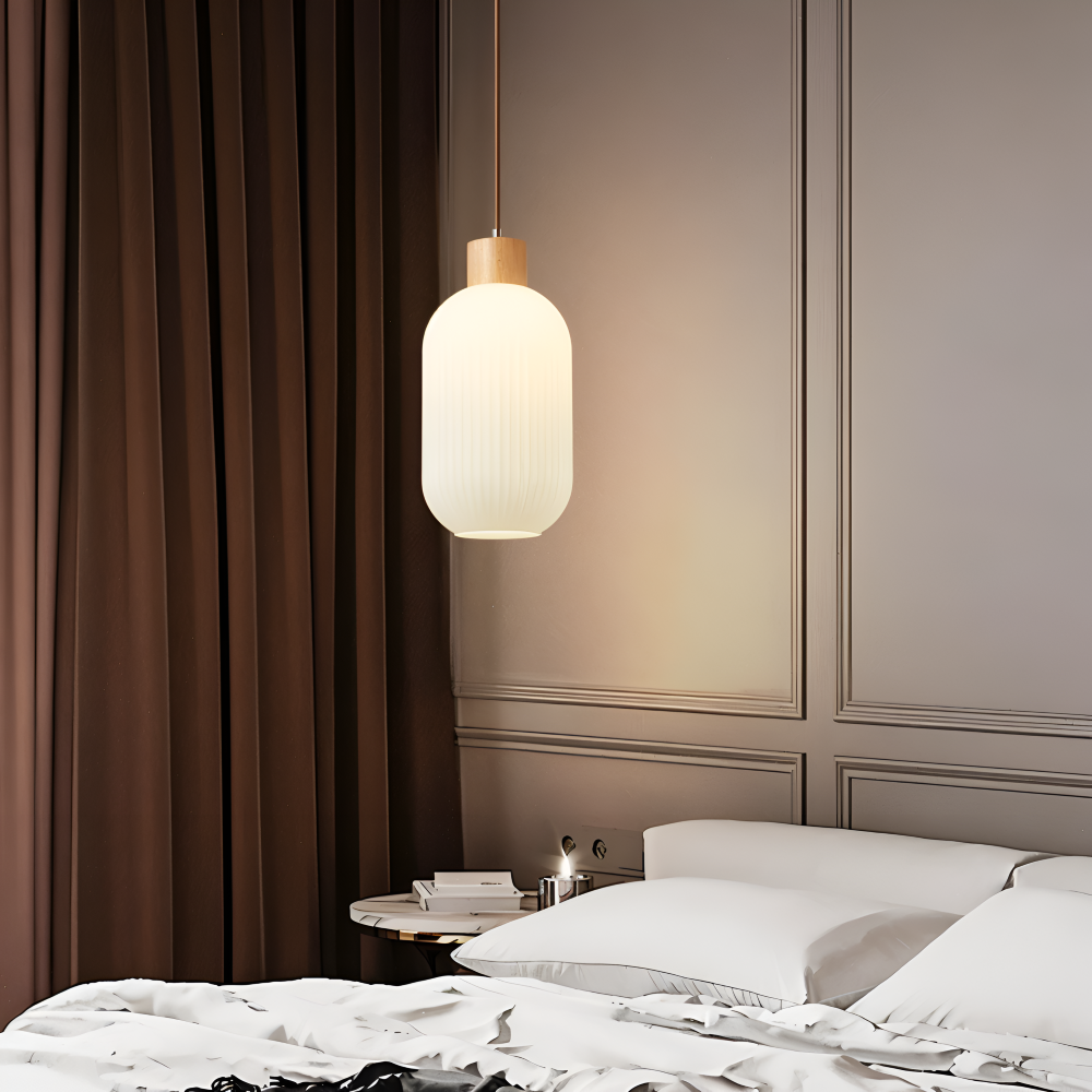 AkariLuxe Taklampa – Elegant hängande lampa av vit, ribbad glas i japansk stil